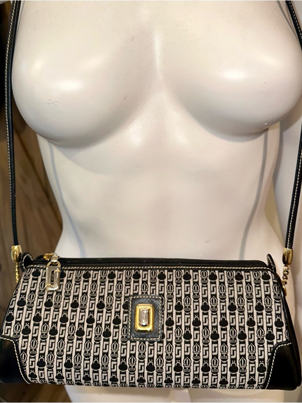 Vintage Judith Leiber jaquered monogram JL fabric Black white bag